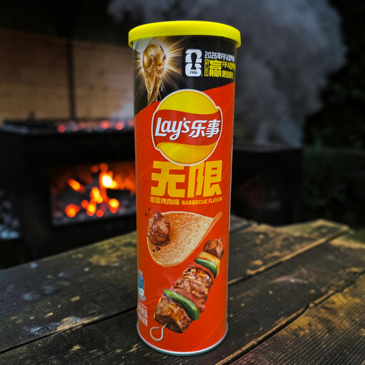 shopnathans.com Lay's Stax Sizzlin' BBQ potato chips in a 90g canister with smoky barbecue skewer imagery