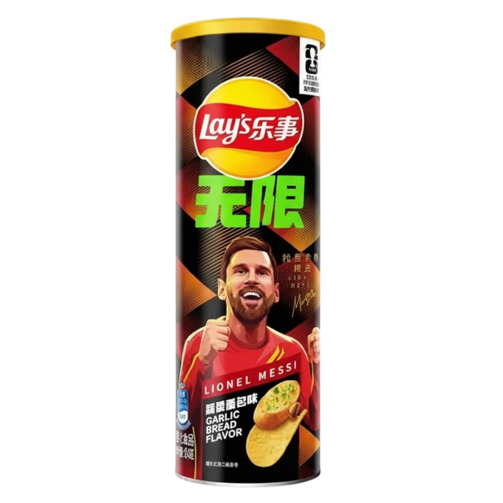 shopnathans.com Lay's Stax FIFA limited edition garlic bread flavored potato chips in a 90g tube featuring Lionel Messi