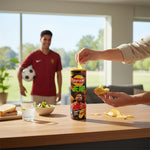 shopnathans.com Lay's Stax FIFA limited edition garlic bread potato chips in a tube with a soccer fan in the background