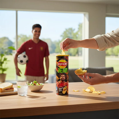 shopnathans.com Lay's Stax FIFA limited edition garlic bread potato chips in a tube with a soccer fan in the background