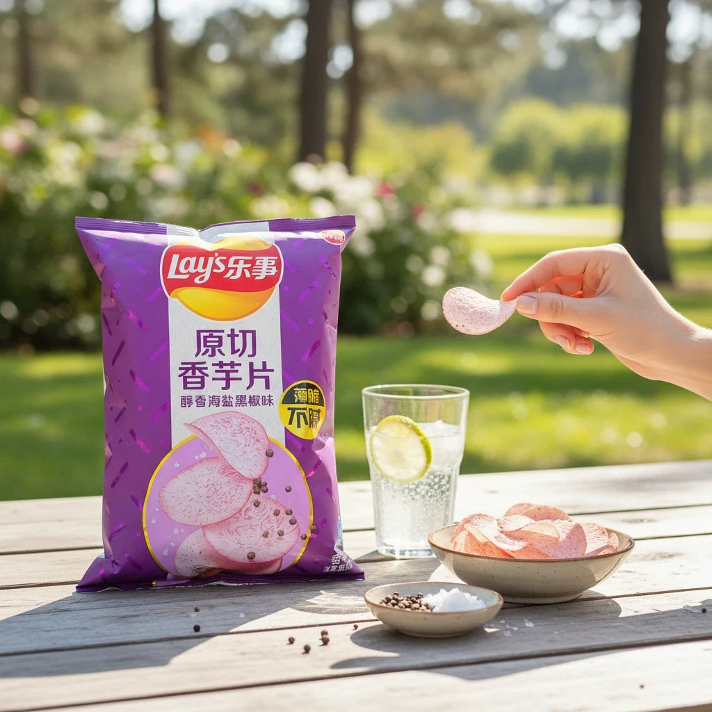 shopnathans.com Lay's Taro Chips with Black Pepper in a purple 60g bag on an outdoor table with a bowl of chips