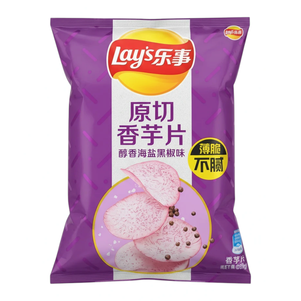 shopnathans.com Lay’s Taro Chips with Black Pepper in a 60g purple bag featuring crispy sliced taro root snacks.