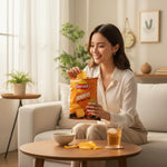 A woman smiling while holding a bag of shopnathans.com Lay's Thick Cut Grilled Chicken potato chips on a sofa.