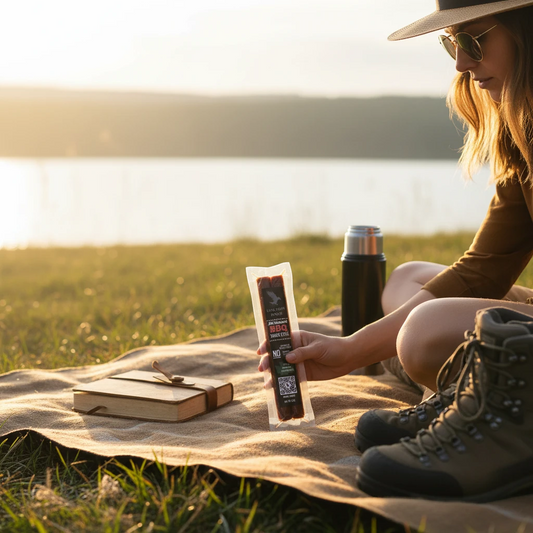 shopnathans.com Lone Crow BBQ all natural meat sticks held by a hiker sitting on a blanket by a lake at sunset