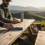 shopnathans.com Lone Crow Original Snack Stick on a wooden picnic table with a man in the background at sunset