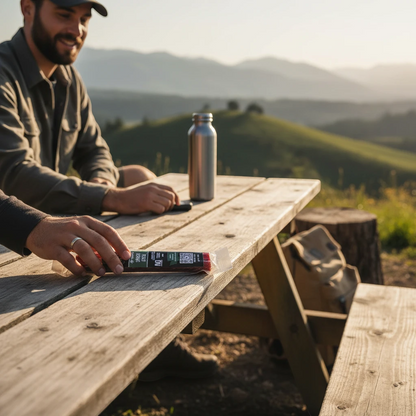 shopnathans.com Lone Crow Original Snack Stick on a wooden picnic table with a man in the background at sunset