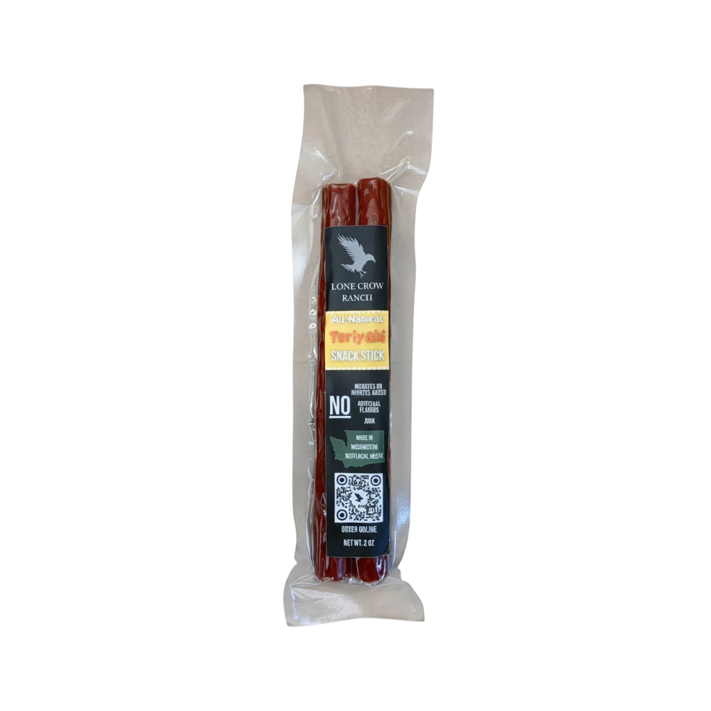 shopnathans.com Lone Crow Teriyaki snack stick in clear vacuum-sealed packaging with black and white label