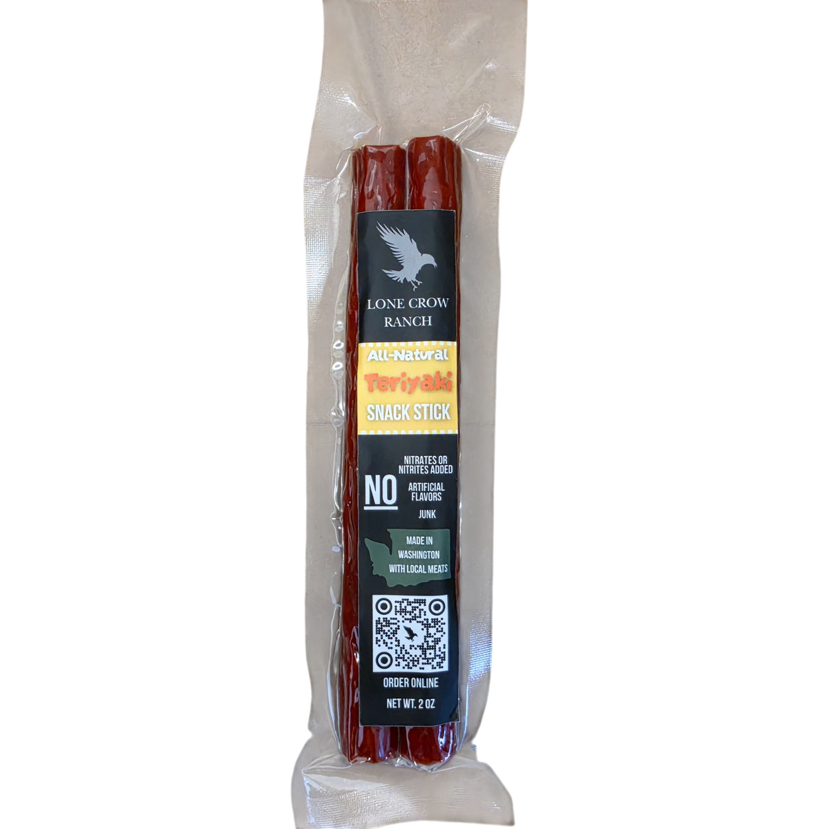 shopnathans.com Lone Crow Teriyaki snack stick in a 2oz vacuum-sealed package with all-natural ingredients.