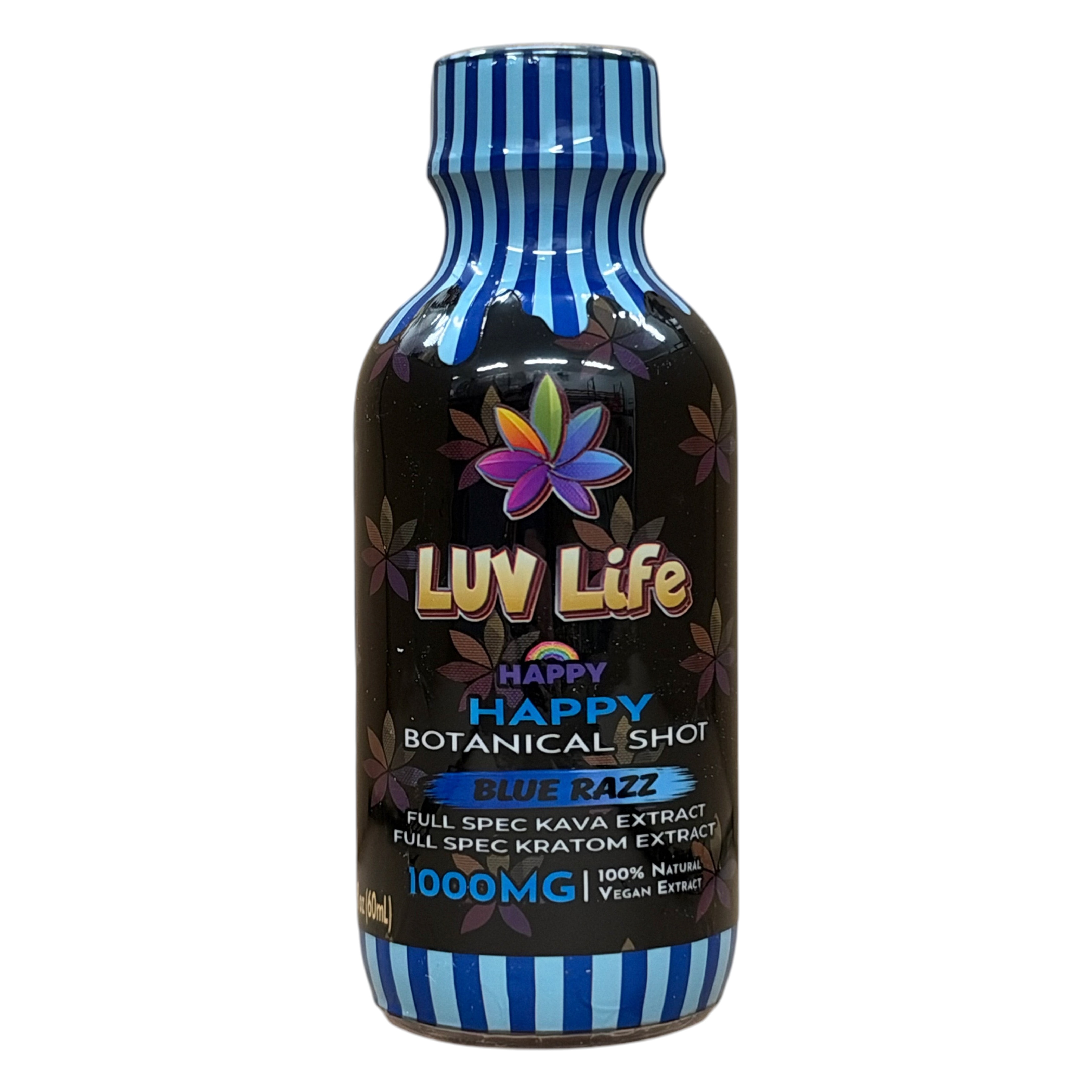 shopnathans.com Luv Life Happy Botanical Shot in Blue Razz flavor, a 2 fl oz bottle with kava and kratom extract.