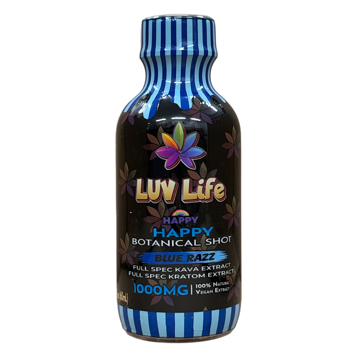 shopnathans.com Luv Life Happy Botanical Shot in Blue Razz flavor, a 2 fl oz bottle with kava and kratom extract.