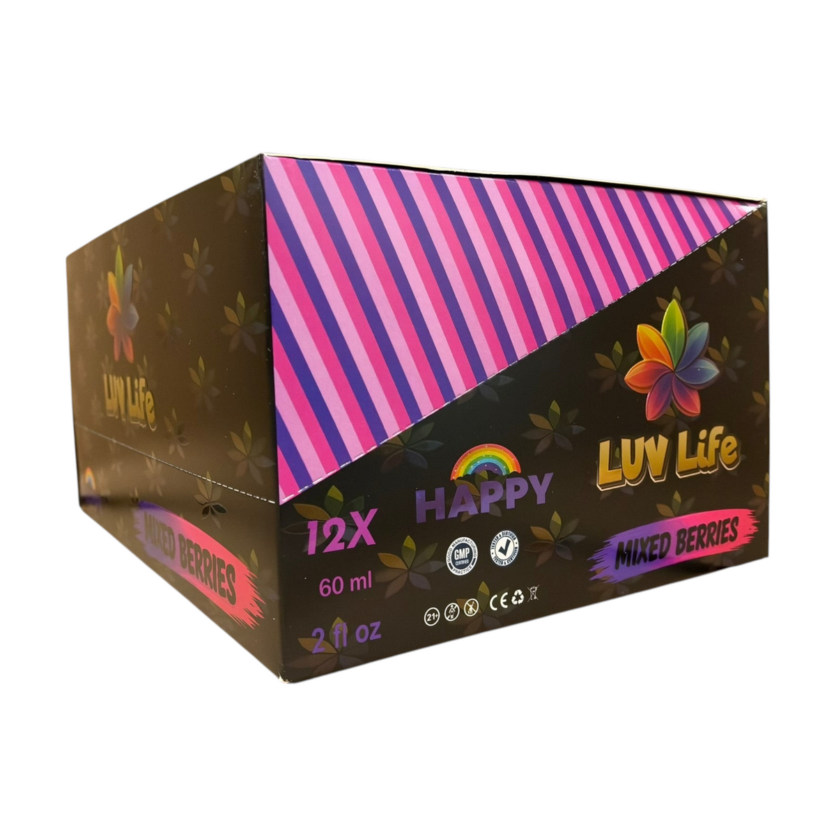 shopnathans.com Luv Life Happy botanical shot display box in mixed berries flavor featuring a vibrant striped design
