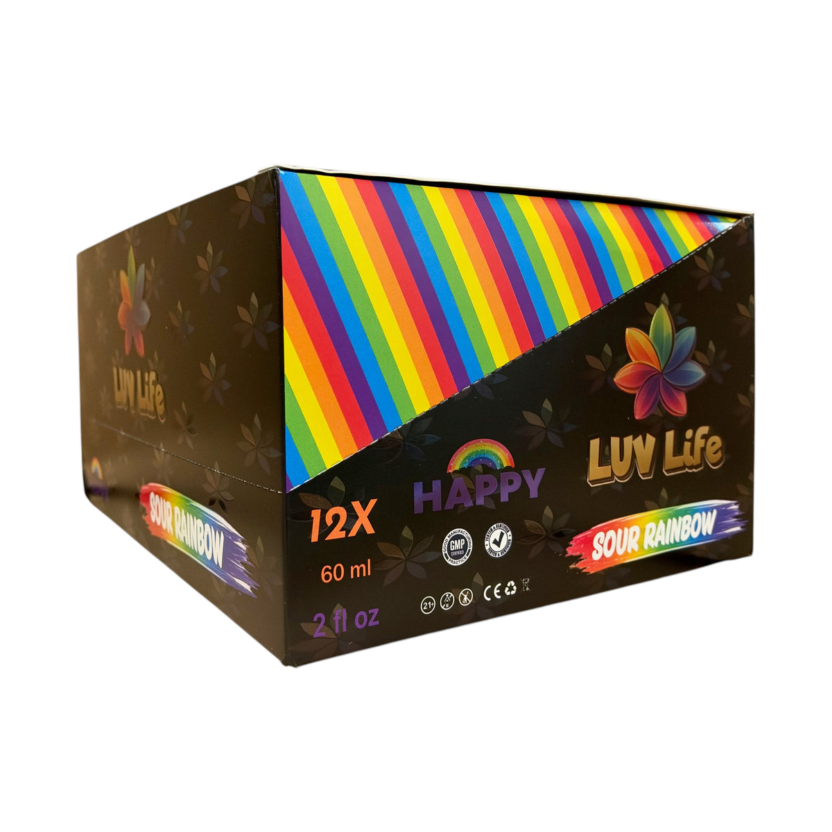 shopnathans.com Luv Life Happy Botanical Shot Sour Rainbow 12-pack display box with vibrant rainbow stripe design