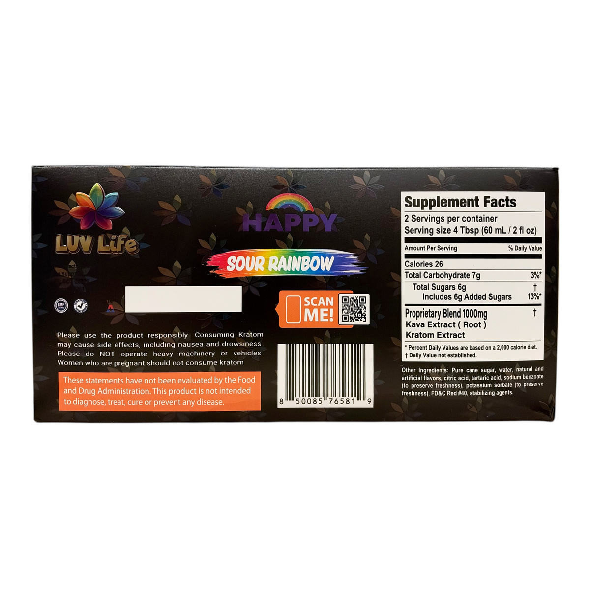 shopnathans.com Luv Life Happy Botanical Shot Sour Rainbow supplement facts label with Kava and Kratom ingredients