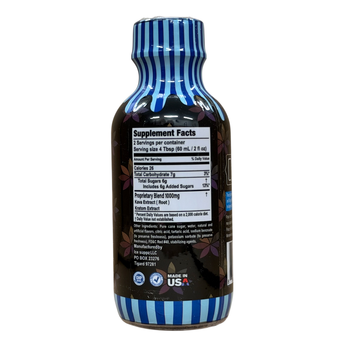 shopnathans.com Luv Life Happy Botanical Shot Blue Razz 1000mg supplement facts label on a 2 fl oz bottle