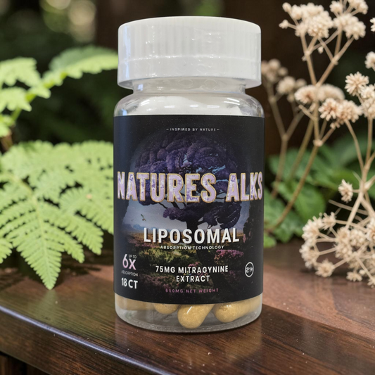 shopnathans.com Nature's Alks liposomal mitragynine extract capsules in a clear bottle with a black botanical label.