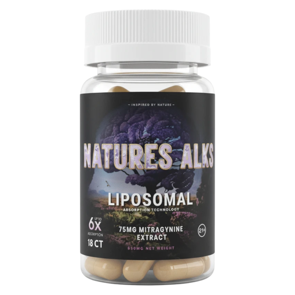 shopnathans.com Nature's Alks 75mg liposomal mitragynine extract capsules in a clear bottle with a black label