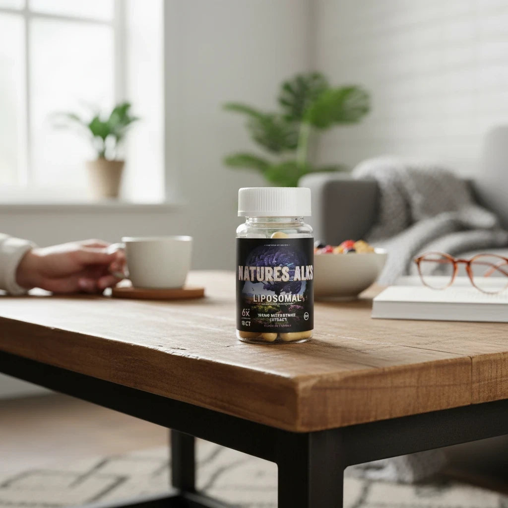 shopnathans.com Nature's Alks liposomal capsules bottle on a wooden table in a bright, cozy home setting.
