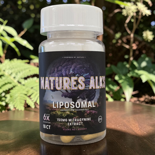 shopnathans.com Nature's Alks liposomal 150mg mitragynine extract capsules in a clear bottle with a white cap