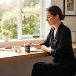 Woman in black sitting at a desk holding a bottle of shopnathans.com Nature's Alks liposomal capsules by a window.