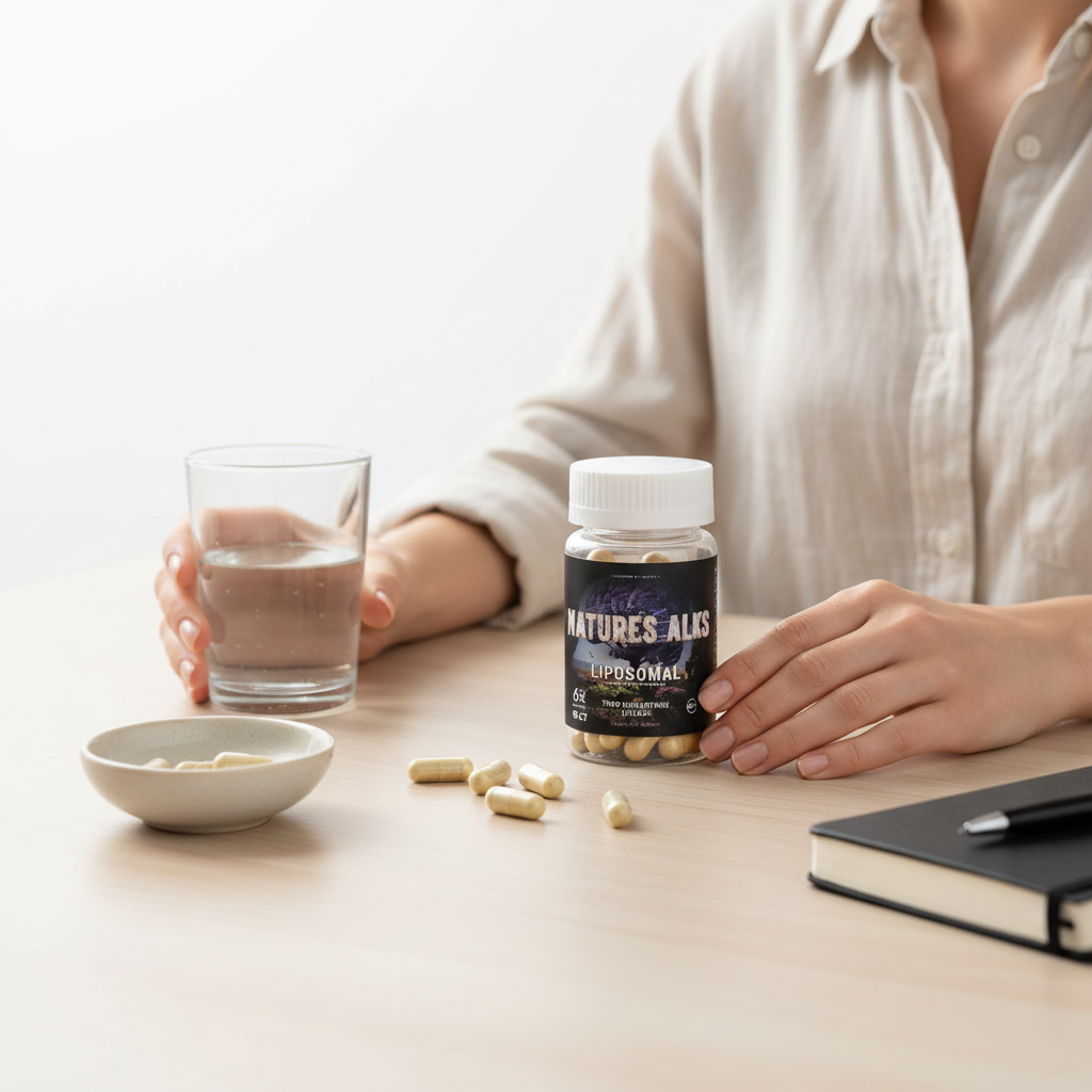 shopnathans.com Nature's Alks liposomal capsules bottle on a desk with a glass of water and loose supplements