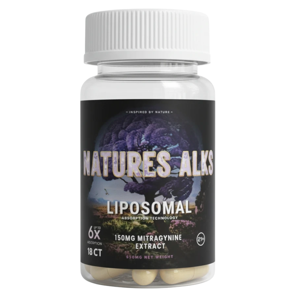 shopnathans.com Nature's Alks liposomal 150mg Mitragynine extract capsules in a clear bottle with a white cap.
