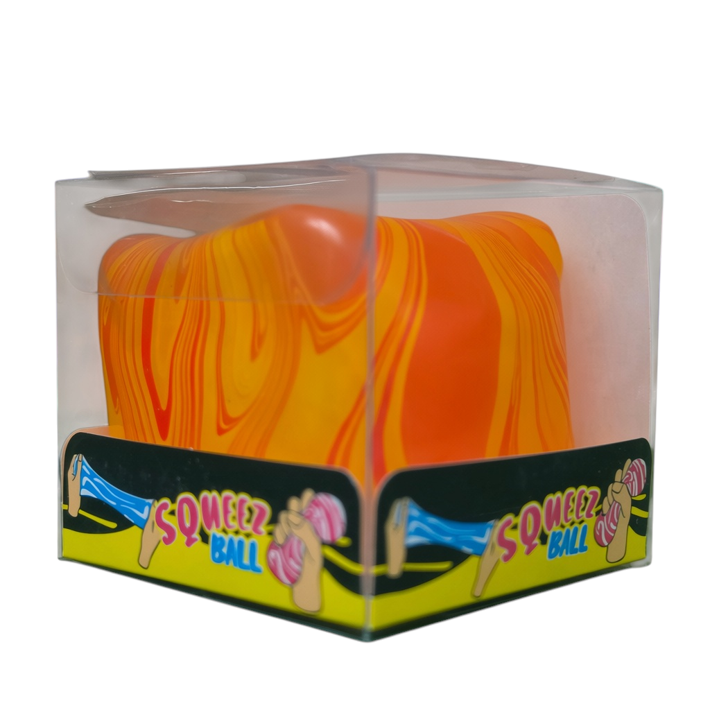 shopnathans.com Squishy Swirl Cube stress toy in orange and red marbled design inside a clear display box