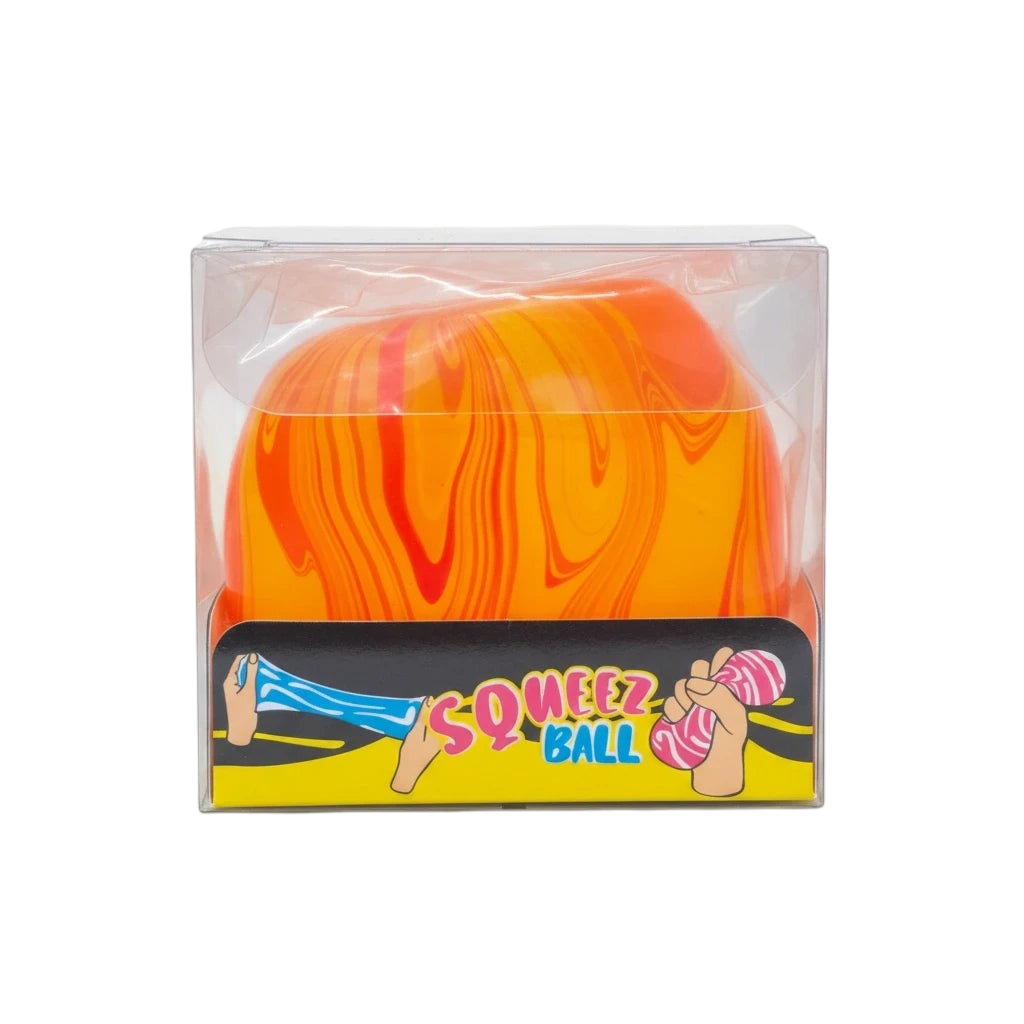 shopnathans.com Squishy Swirl Cube stress toy in orange and red marbled design inside clear retail packaging