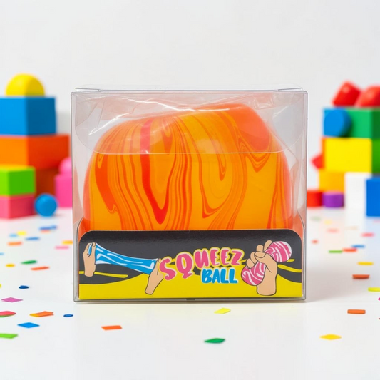 shopnathans.com Squishy Swirl Cube stress toy in orange and red marbled design inside clear retail packaging