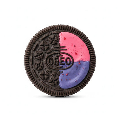 shopnathans.com Oreo sandwich cookie with dark cocoa wafers and split pink raspberry and purple blueberry cream filling