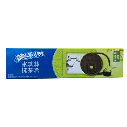 shopnathans.com Oreo Ice Cream Matcha Cream sandwich cookies in a blue and green 97g box with traditional art design.
