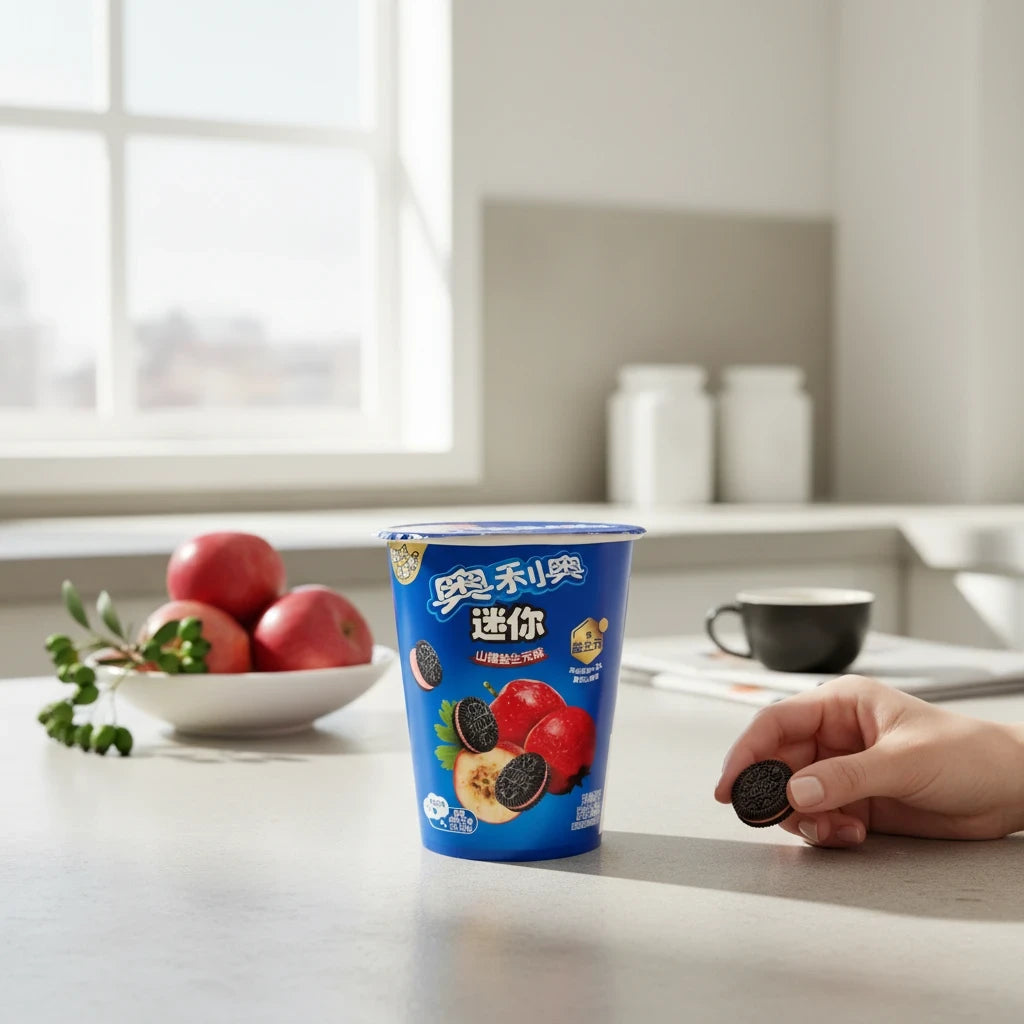 shopnathans.com Oreo Mini Cups with hawthorne apple flavor, featuring dark cocoa cookies and fruity cream in a cup.