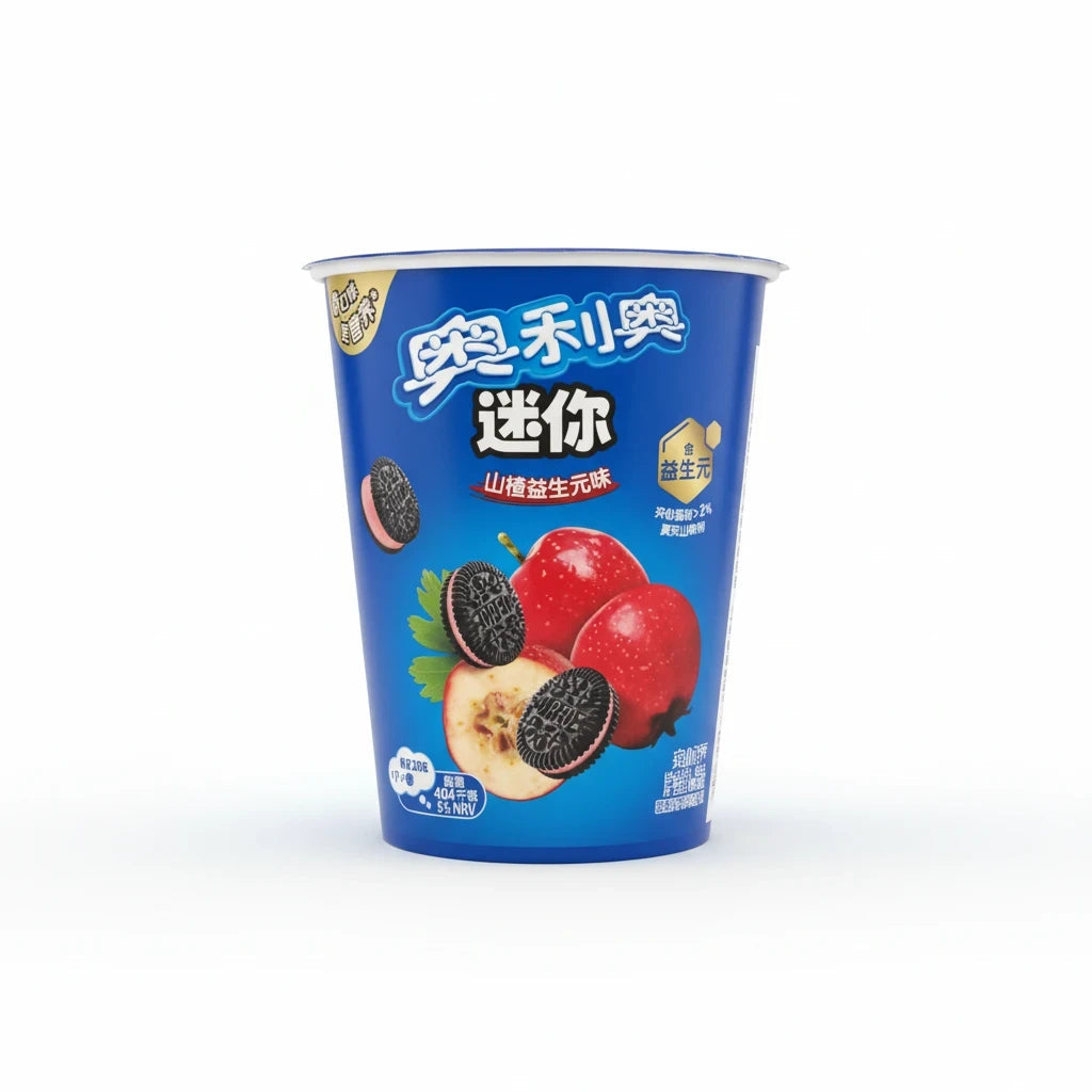 shopnathans.com Oreo Mini Cups featuring dark cocoa cookies with tangy hawthorne apple cream in a blue 30g snack cup