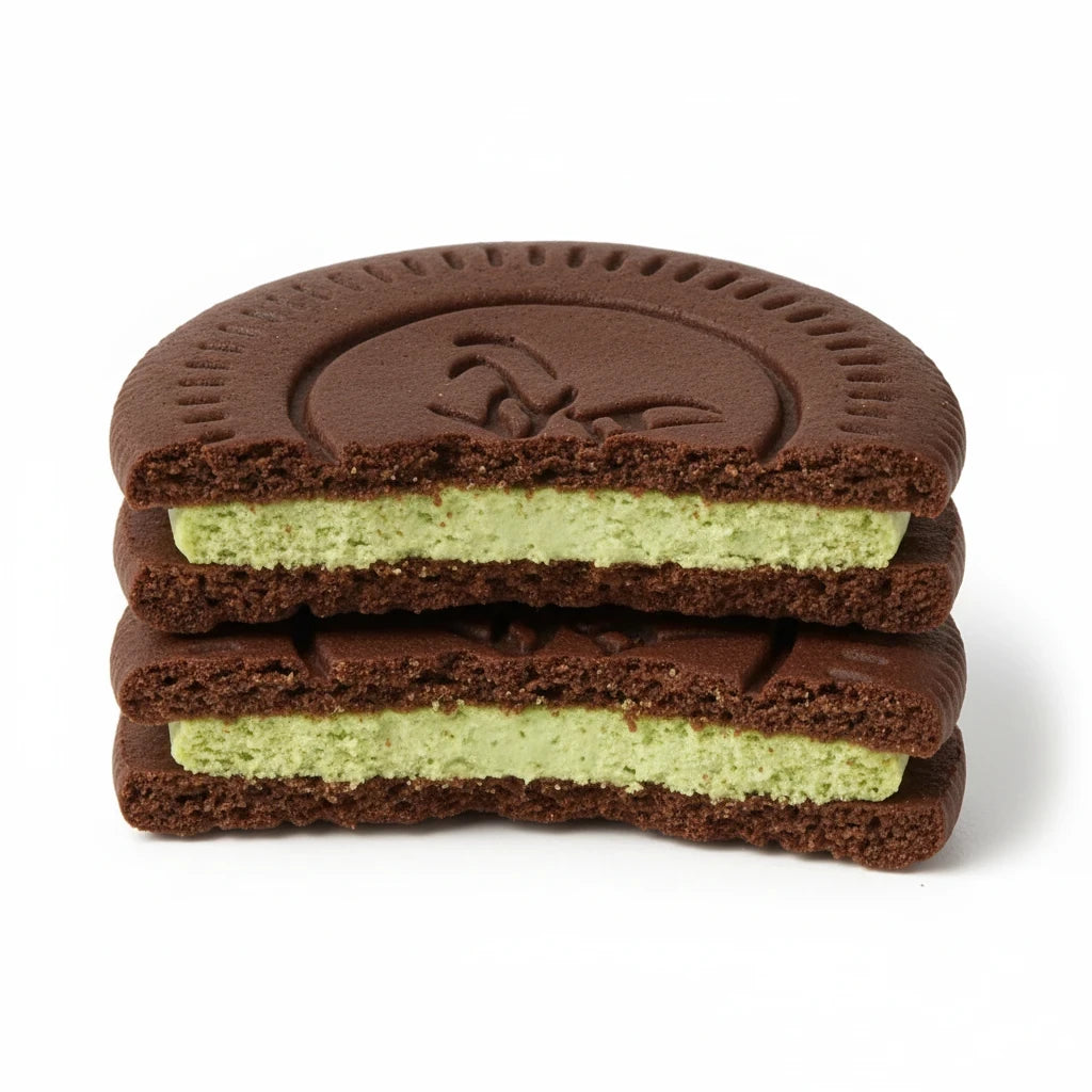 shopnathans.com Oreo soft chocolate cake with creamy pistachio filling stacked in two halves on a white background