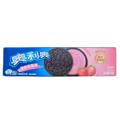 shopnathans.com Oreo Strawberry Cream sandwich cookies in a 97g pack featuring dark cocoa wafers and pink filling.