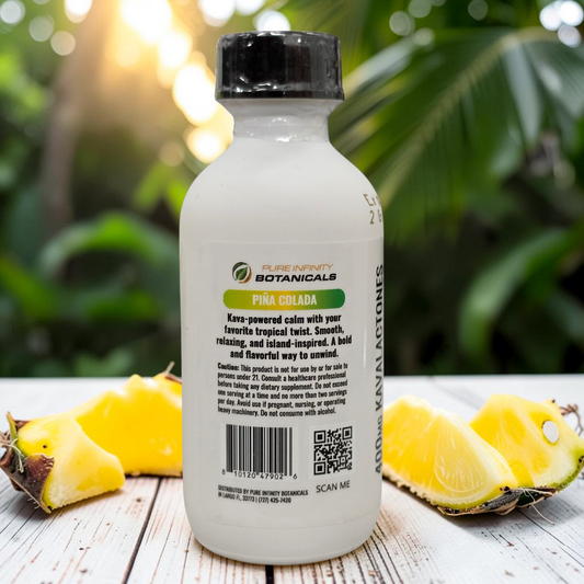 shopnathans.com Flow State Pina Colada kava and kratom botanical supplement shot bottle with pineapple slices