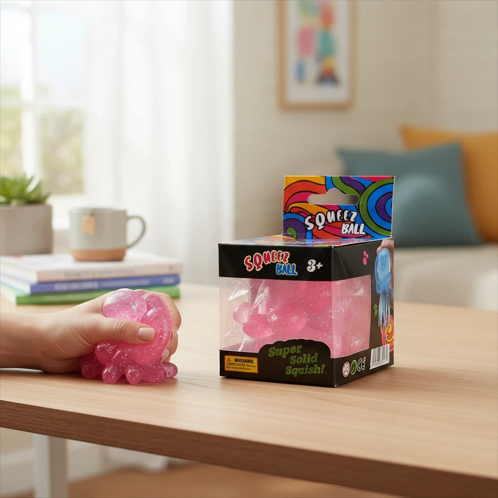shopnathans.com pink glittery squishy jellyfish sensory toy being squeezed by a hand next to its retail box
