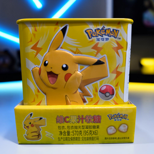 shopnathans.com Pokemon Vitamin C gummy tin featuring a yellow Pikachu design with lemon and mango fruit flavors