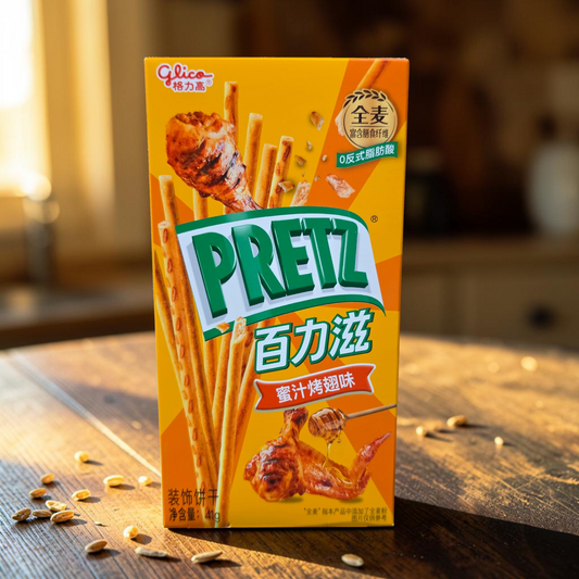 shopnathans.com Pretz Honey BBQ Chicken Wing pretzel sticks in a yellow 41g box with savory seasoning imagery.