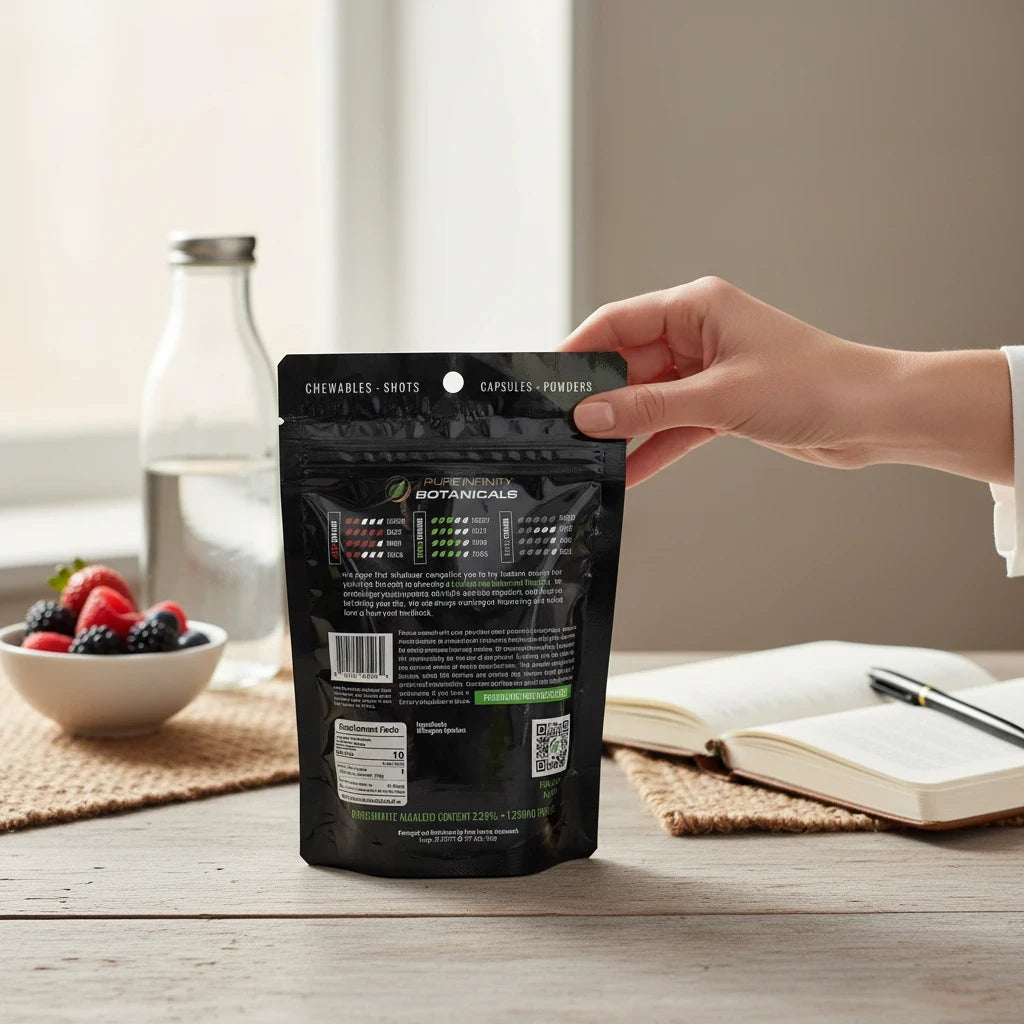 shopnathans.com Pure Infinity Botanicals Trainwreck Kratom powder in a black resealable 2oz bag held by a hand.
