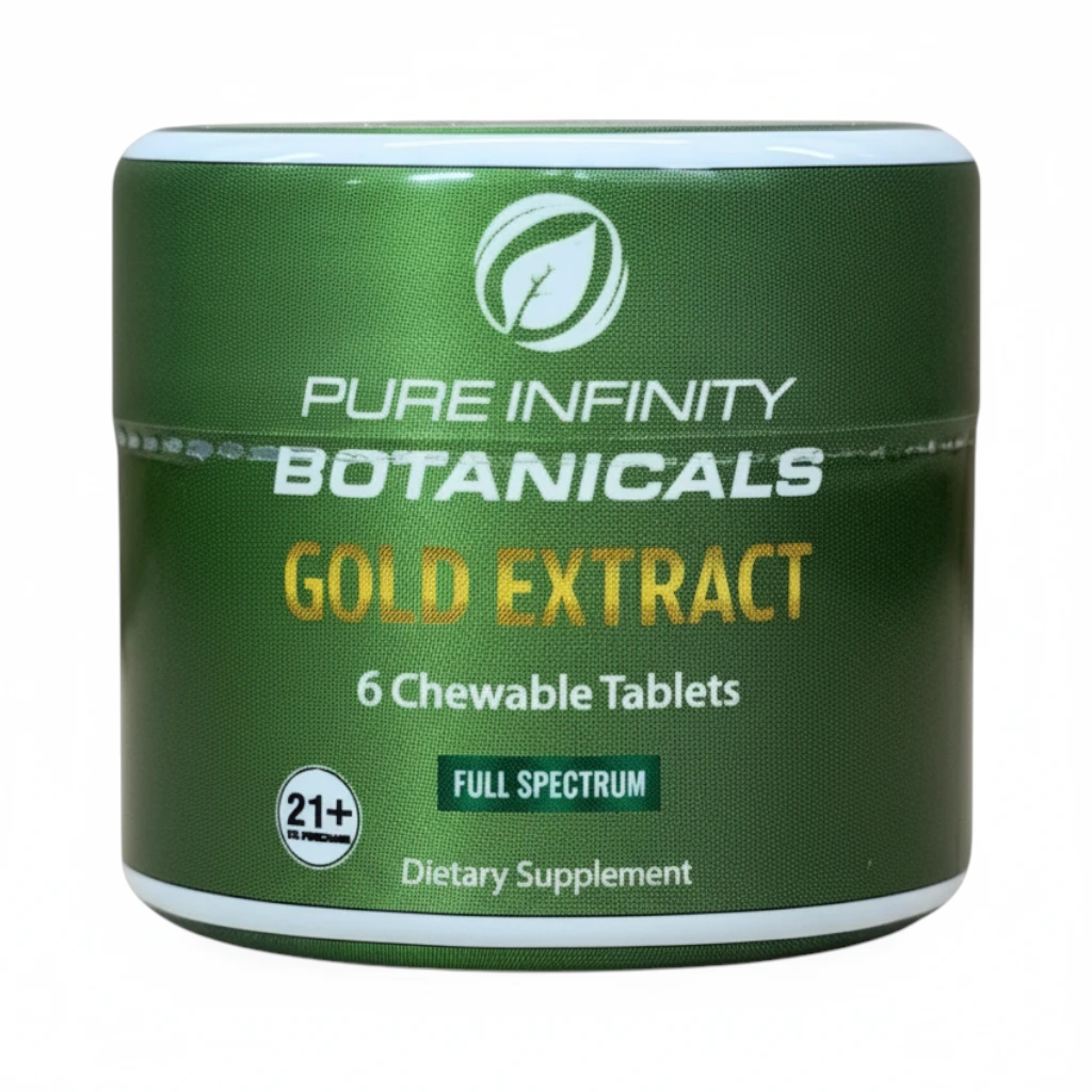 shopnathans.com Pure Infinity Gold Extract full spectrum chewable tablets in a green container with 6 count