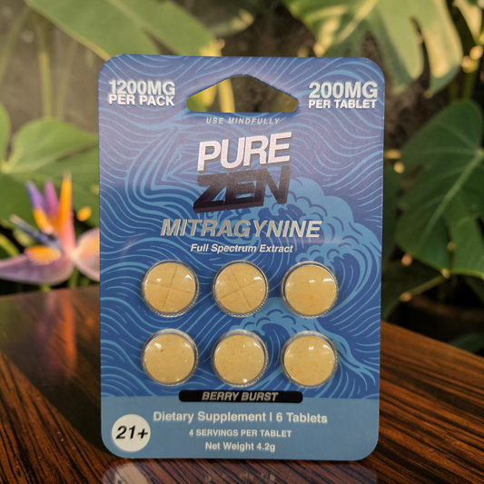 shopnathans.com Pure Zen Berry Burst mitragynine chewable tablets in a blue blister pack with 200mg per tablet.