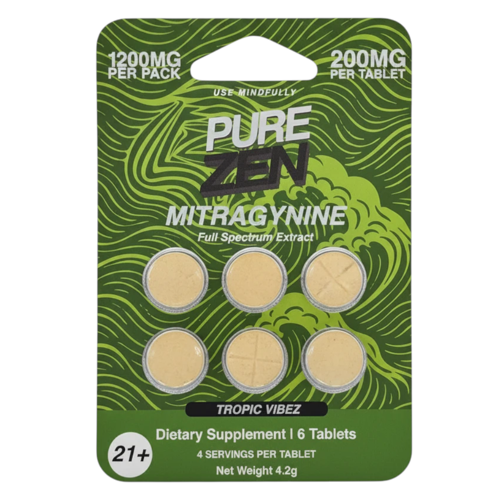 shopnathans.com Pure Zen Tropic Vibez full spectrum mitragynine chewable tablets in green blister pack