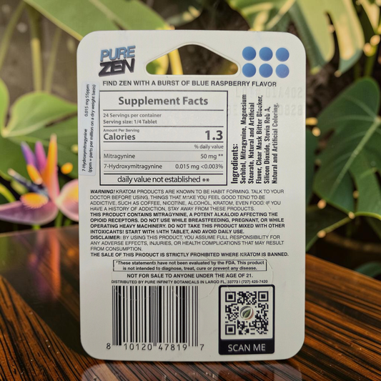shopnathans.com Pure Zen Berry Burst mitragynine chewable tablet supplement facts label on a white backing card