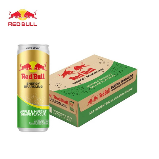 shopnathans.com Red Bull Zero Sugar Apple Muscat Grape energy drink can and 24-pack box with vibrant fruit branding.