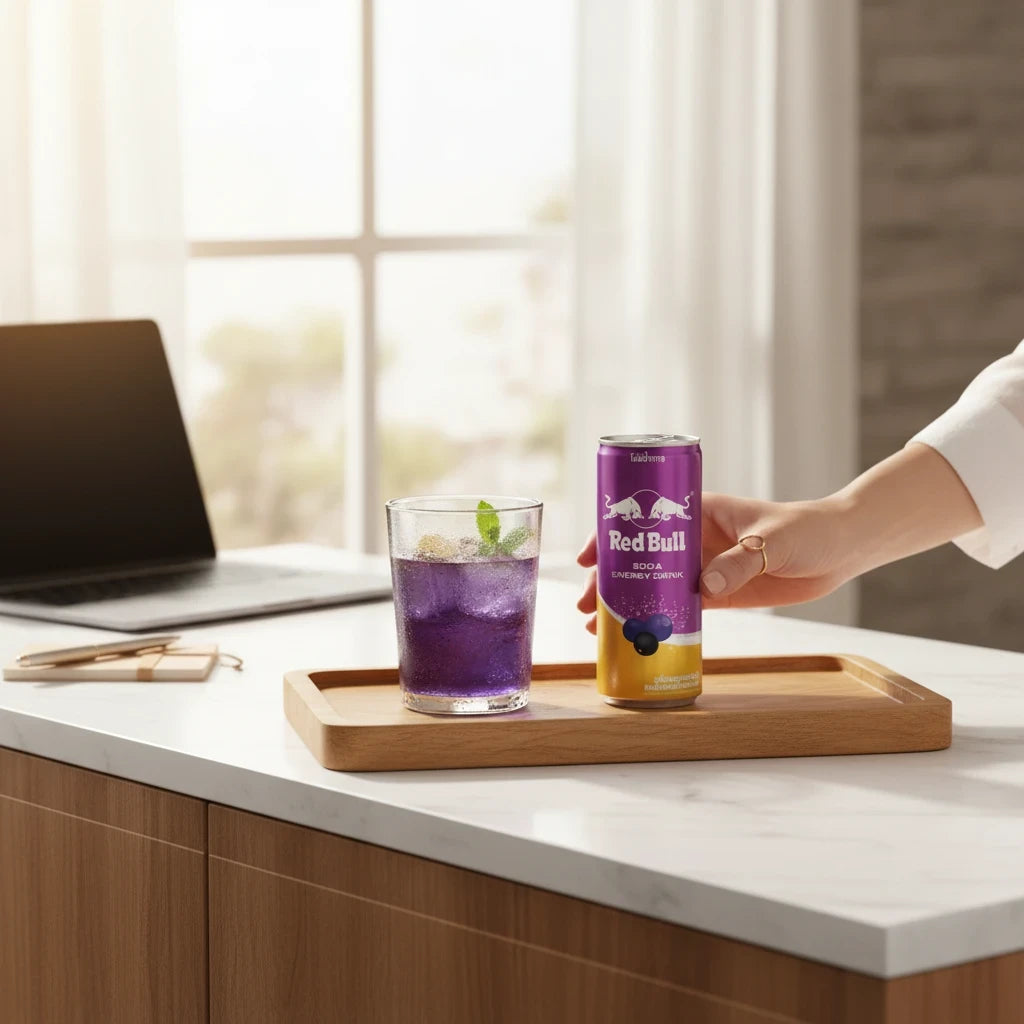shopnathans.com Red Bull Blackberry Currant energy drink can next to a glass of purple soda with mint on a wooden tray