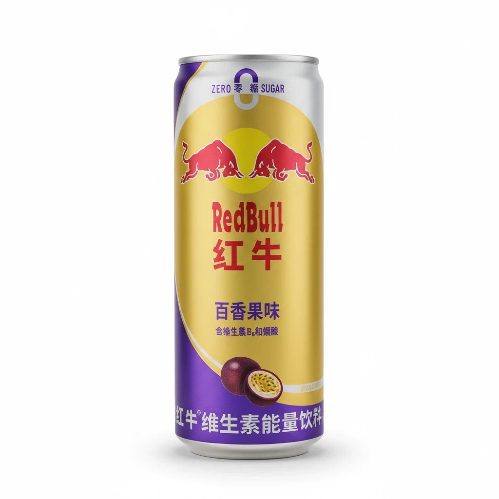shopnathans.com Red Bull passion fruit energy drink in a 300ml gold and purple can with zero sugar branding.