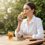 A woman drinking a shopnathans.com Red Bull Yellow Edition Tropical energy drink at an outdoor table.