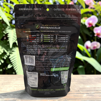 Back of shopnathans.com Pure Infinity Botanicals Red Maeng Da Kratom capsule pouch with supplement facts and info