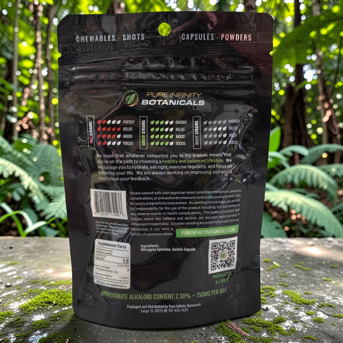 Back of shopnathans.com Pure Infinity Botanicals Red Maeng Da Kratom capsules pouch with supplement facts and info