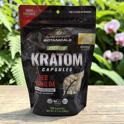 shopnathans.com Pure Infinity Botanicals Red Maeng Da Kratom capsules in a 250 count black resealable pouch.